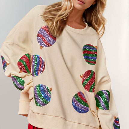 Double Take Christmas Element Sequin Round Neck Long Sleeve Women Sweatshirt