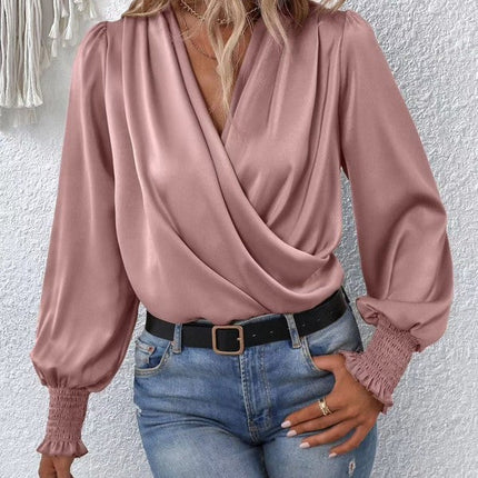 Crossover long sleeve silk blouse