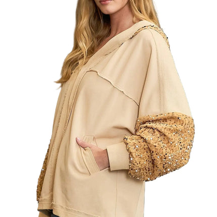 Garden Naked Womens Casual Bomber Jacket Sequin Embellished Hooded Cardigan Sparkly Beige Evening Party
