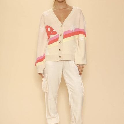 Retro stripe mushroom knit cardigan