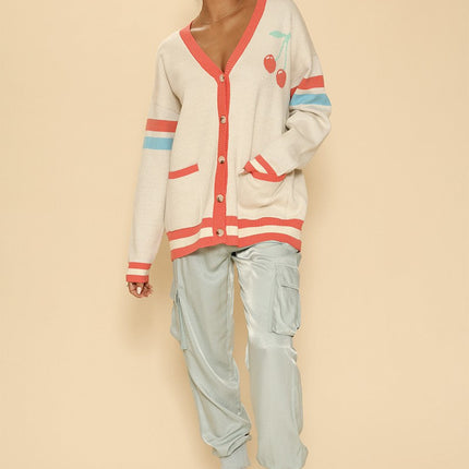 Oversized cherry varsity cardigan
