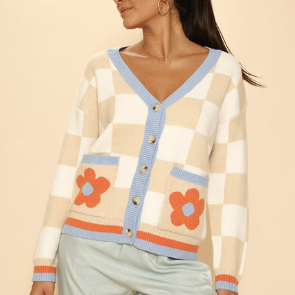 Retro flower checkered cardigan