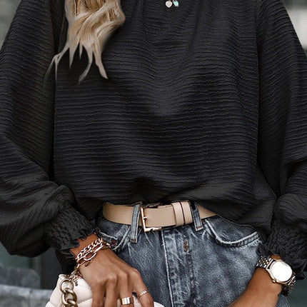 Ruffle Hem Mock Neck Puff Sleeve Top