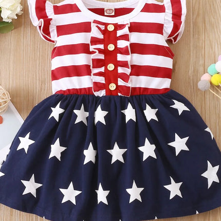 Striped & Stars Ruffled Round Neck Cap Sleeve Dress