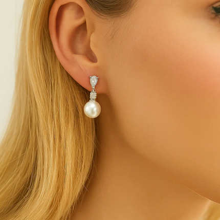 Pearl Drop Earrings with Cubic Zirconia  Accents Earrings