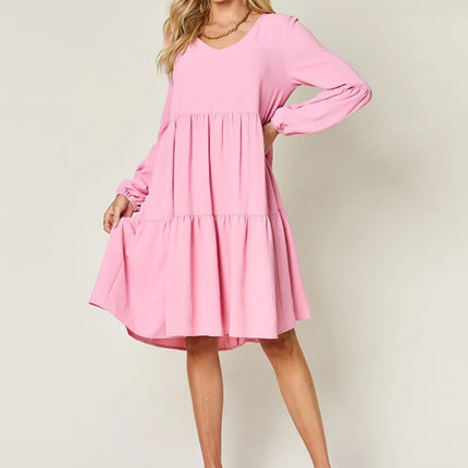 Garden Naked Women's Casual Dress Babydoll Tiered Dress with Pockets Long Sleeve Ruffle Hem Soft Cotton Blend Loose Fit