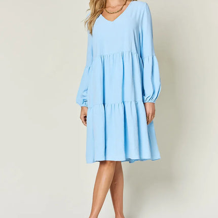 Garden Naked Women's Casual Dress Babydoll Tiered Dress with Pockets Long Sleeve Ruffle Hem Soft Cotton Blend Loose Fit