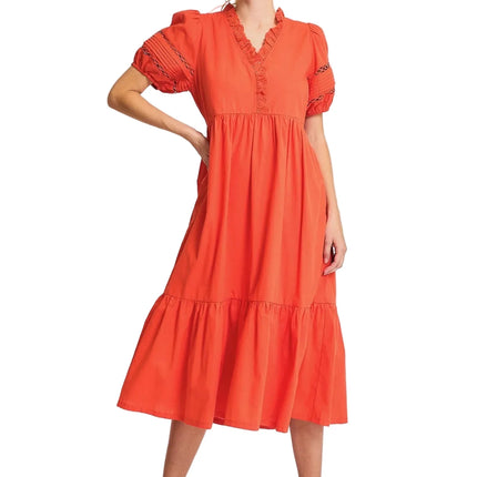 Short Sleeve Lace-Trim Ruffled Midi Dress