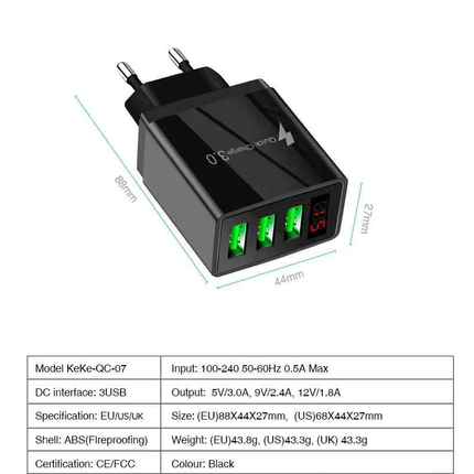 3-Port USB Quick Wall Charger with LED Voltage Display - Safe & Fast Charging