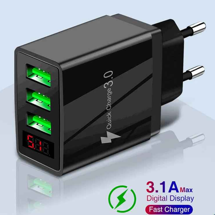 3-Port USB Quick Wall Charger with LED Voltage Display - Safe & Fast Charging