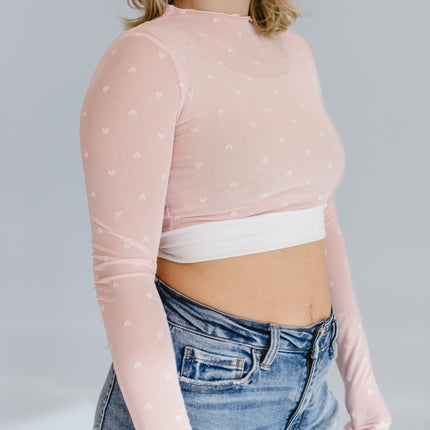 Heart Mesh Mock Neck Halftee