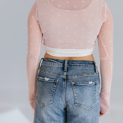 Heart Mesh Mock Neck Halftee