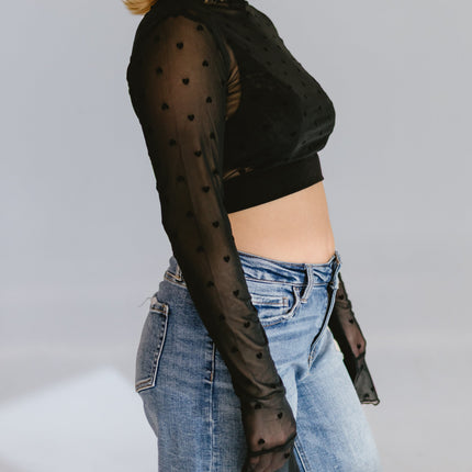 Heart Mesh Mock Neck Halftee