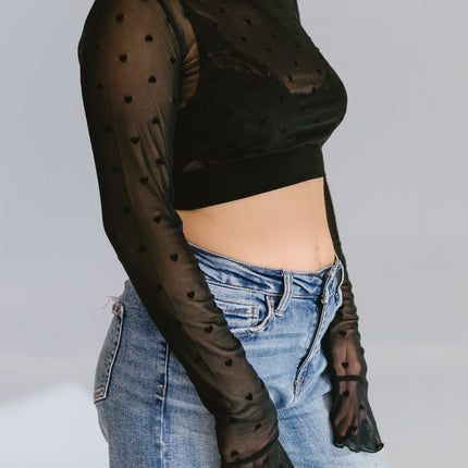 Heart Mesh Mock Neck Halftee