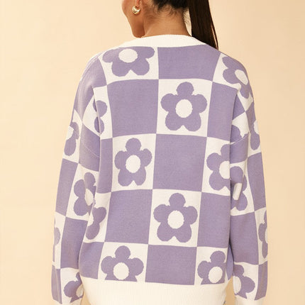 Checkered flower knit cardigan
