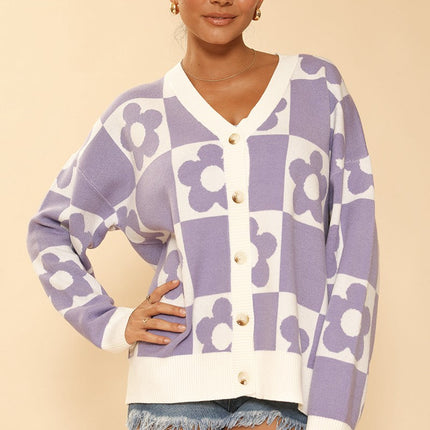 Checkered flower knit cardigan