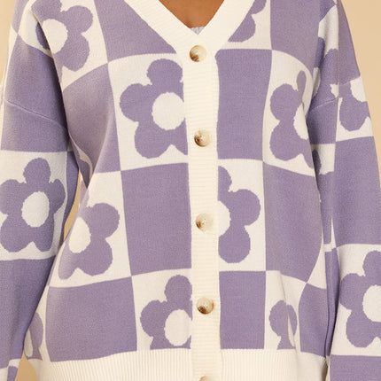 Checkered flower knit cardigan