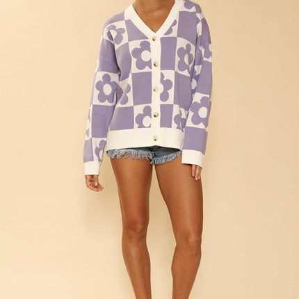 Checkered flower knit cardigan