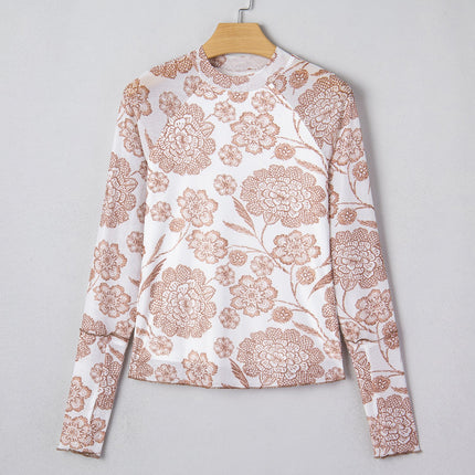 Brown Thumbhole Long Sleeve Floral Print Mesh Top