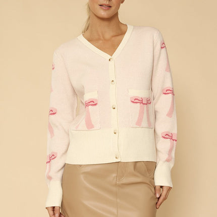 Cropped knit bow cardigan with pockets