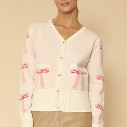 Cropped knit bow cardigan with pockets