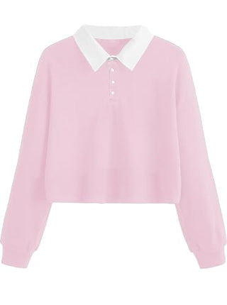 Natalie Winters Dress - Remidoo Women's Collared Half Button Long Sleeve Striped Crop Top Sweatshirt