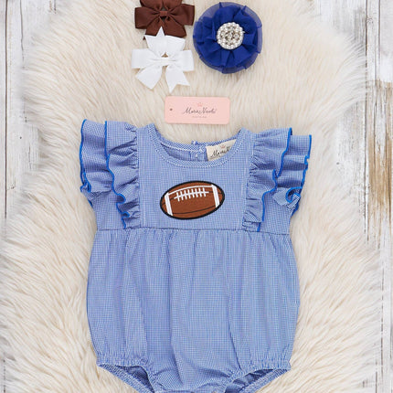 Blue Stripe Cotton Embroidered Football Ruffle Bubble