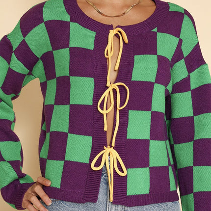 Mardi gras checkered tie front cardigans