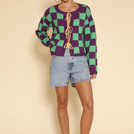 Mardi gras checkered tie front cardigans
