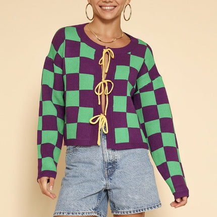 Mardi gras checkered tie front cardigans