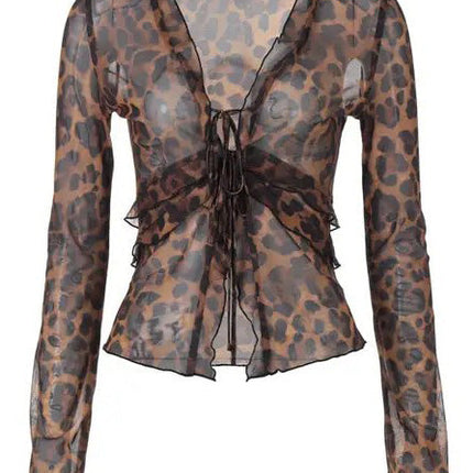 Leopard Print Mesh ruffled top