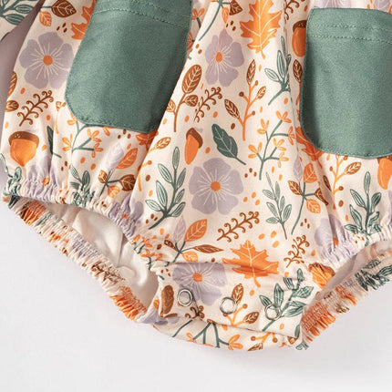 2025 NEW Green Pocket Floral Print Ruffle Baby Girl Romper