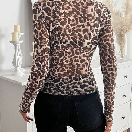Leopard print long sleeve mesh top