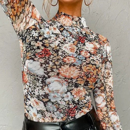 Leopard print long sleeve mesh top