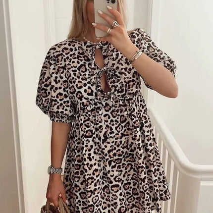 Miss Sparkling Tie Front Puff Sleeve Babydoll Dress