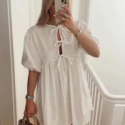 Miss Sparkling Tie Front Puff Sleeve Babydoll Dress