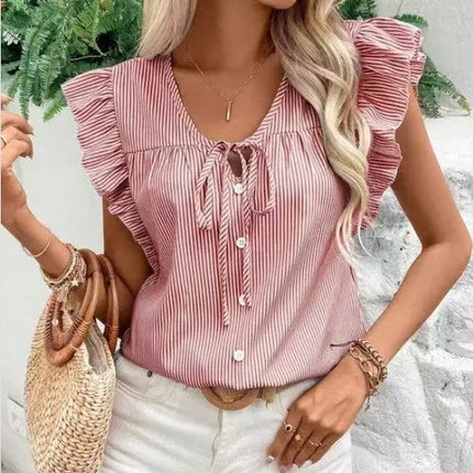 Miss Sparkling Striped ruffle tie front blouse