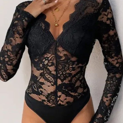 Women's  Long Sleeve Lace Mesh  Bodysuit