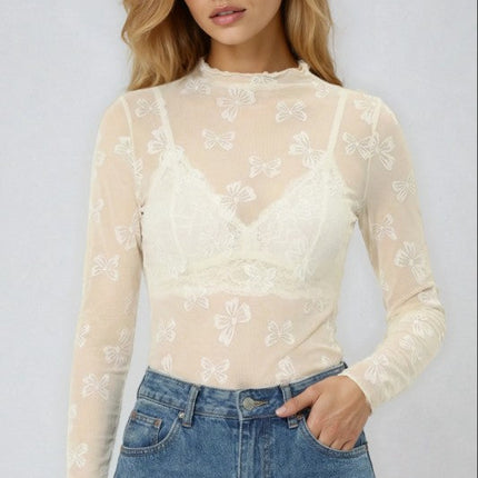 Mesh bow printed long sleeve top