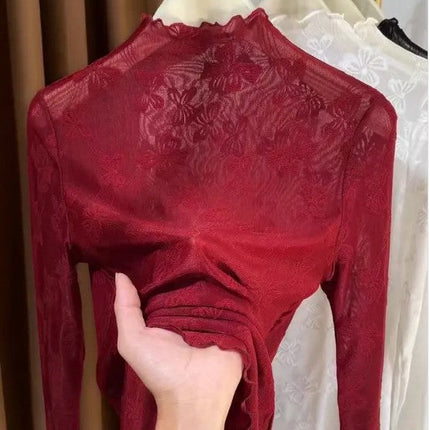 Mesh bow printed long sleeve top