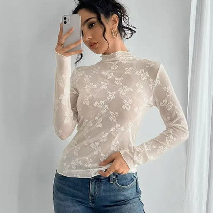 Mesh bow printed long sleeve top