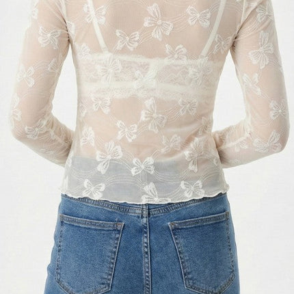 Mesh bow printed long sleeve top