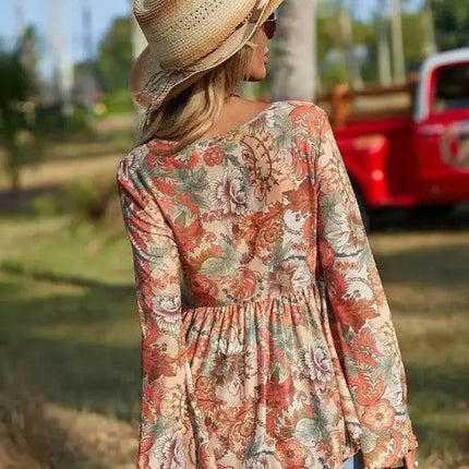 Western Printed Bell Sleeve Blouse