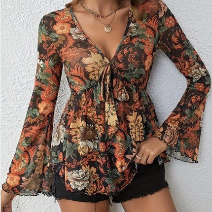Western Printed Bell Sleeve Blouse