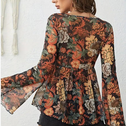 Western Printed Bell Sleeve Blouse