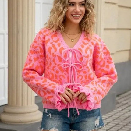 Miss Sparkling  Leopard Knit Cardigan with Front Tie