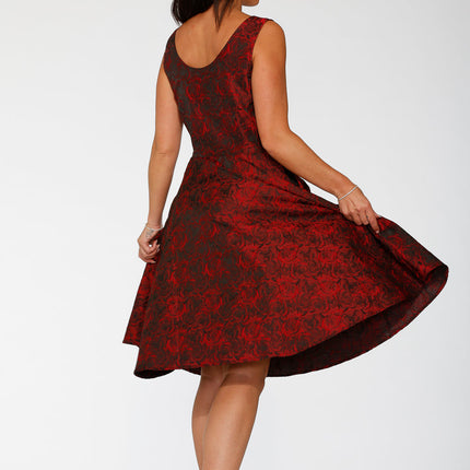 24400 Black Red Rose Brocade Floral Swing Dress