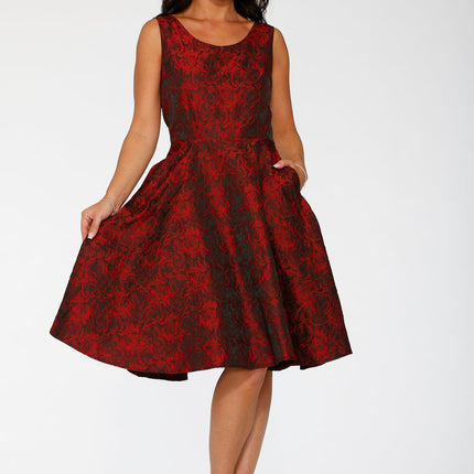24400 Black Red Rose Brocade Floral Swing Dress