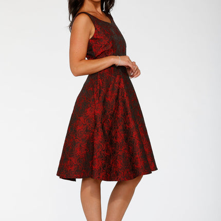 24400 Black Red Rose Brocade Floral Swing Dress