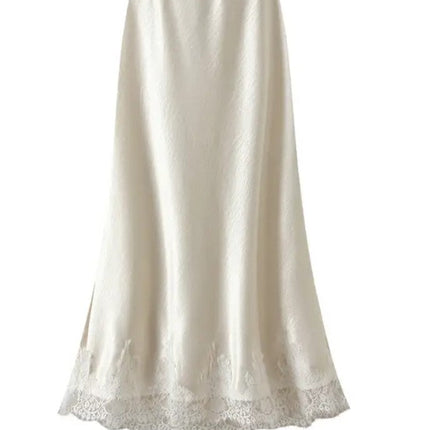 Satin Midi Skirt with Lace Trim